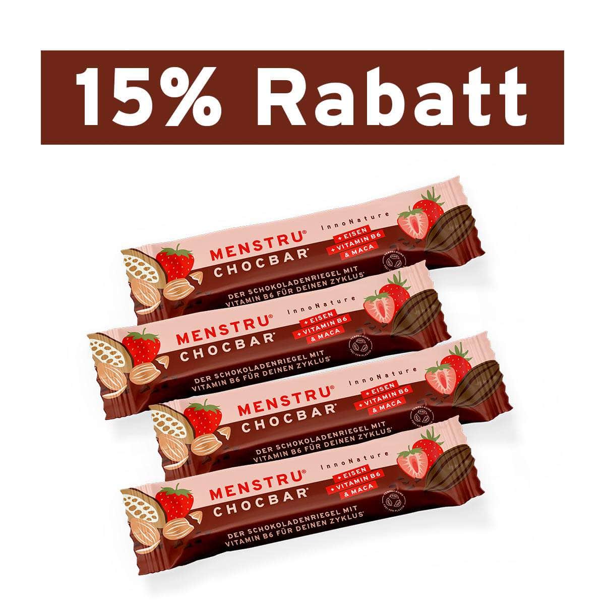 InnoNature 4x 38g Riegel Menstru® Chocbar: Veganer Schokoladenriegel mit Vitamin B6, Eisen und Maca
