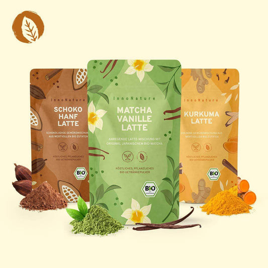 InnoNature 1x Bio Kurkuma Latte, 1x Bio Matcha Vanille Latte, 1x Bio Schoko Hanf Latte Latte-Love-Paket