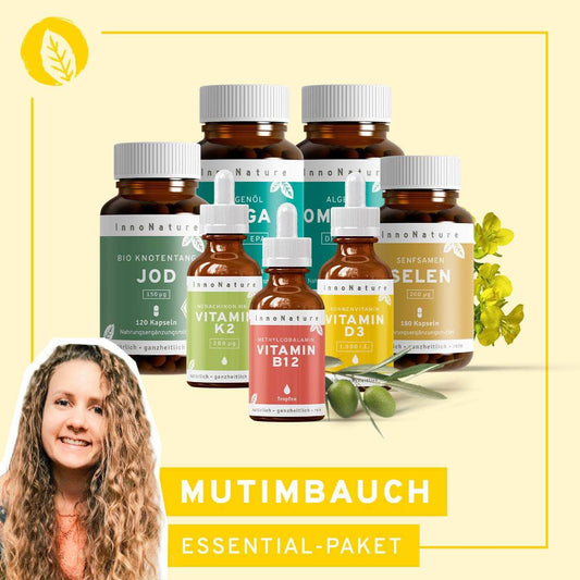 InnoNature 1x Vorrat (2x Omega 3, 1x Vitamin B12, 1x Vitamin D3, 1x Vitamin K2, 1x Selen, 1x Jod) mutimbauch-Essential-Paket