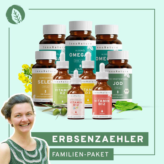 InnoNature 1x Vorrat (3x Omega 3, 1x Vitamin B12, 1x Vitamin B12 Kids, 1x Vitamin D3, 1x Vitamin K2, 1x Selen, 1x Jod) Erbsenzaehler-Familien-Paket