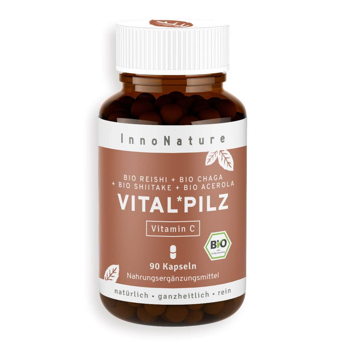 InnoNature Kapseln 1x Monatsvorrat (90 Kapseln) Bio Vital* Pilz Kapseln: Reishi, Chaga, Shiitake und Acerola