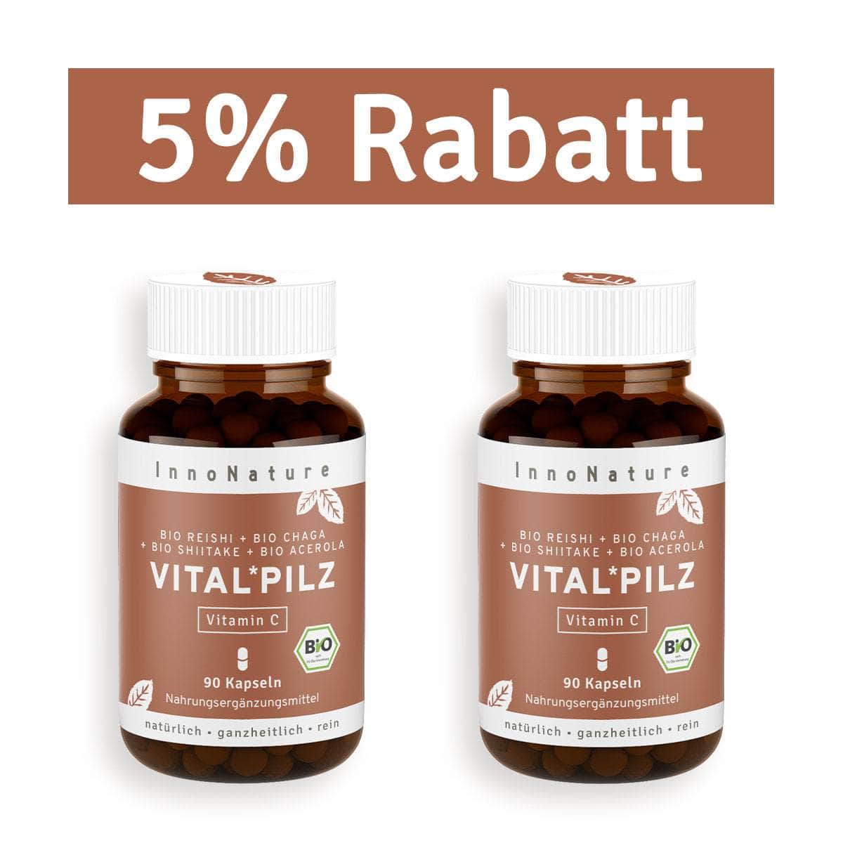 InnoNature Kapseln 2x Monatsvorrat (2x90 Kapseln) Bio Vital* Pilz Kapseln: Reishi, Chaga, Shiitake und Acerola