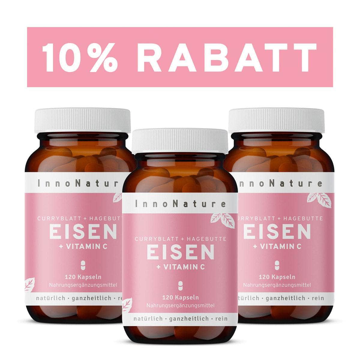 InnoNature Kapseln 3x Viermonatsvorrat (3x120 Kapseln) Eisen + Vitamin C Kapseln aus Curryblättern + Hagebutte