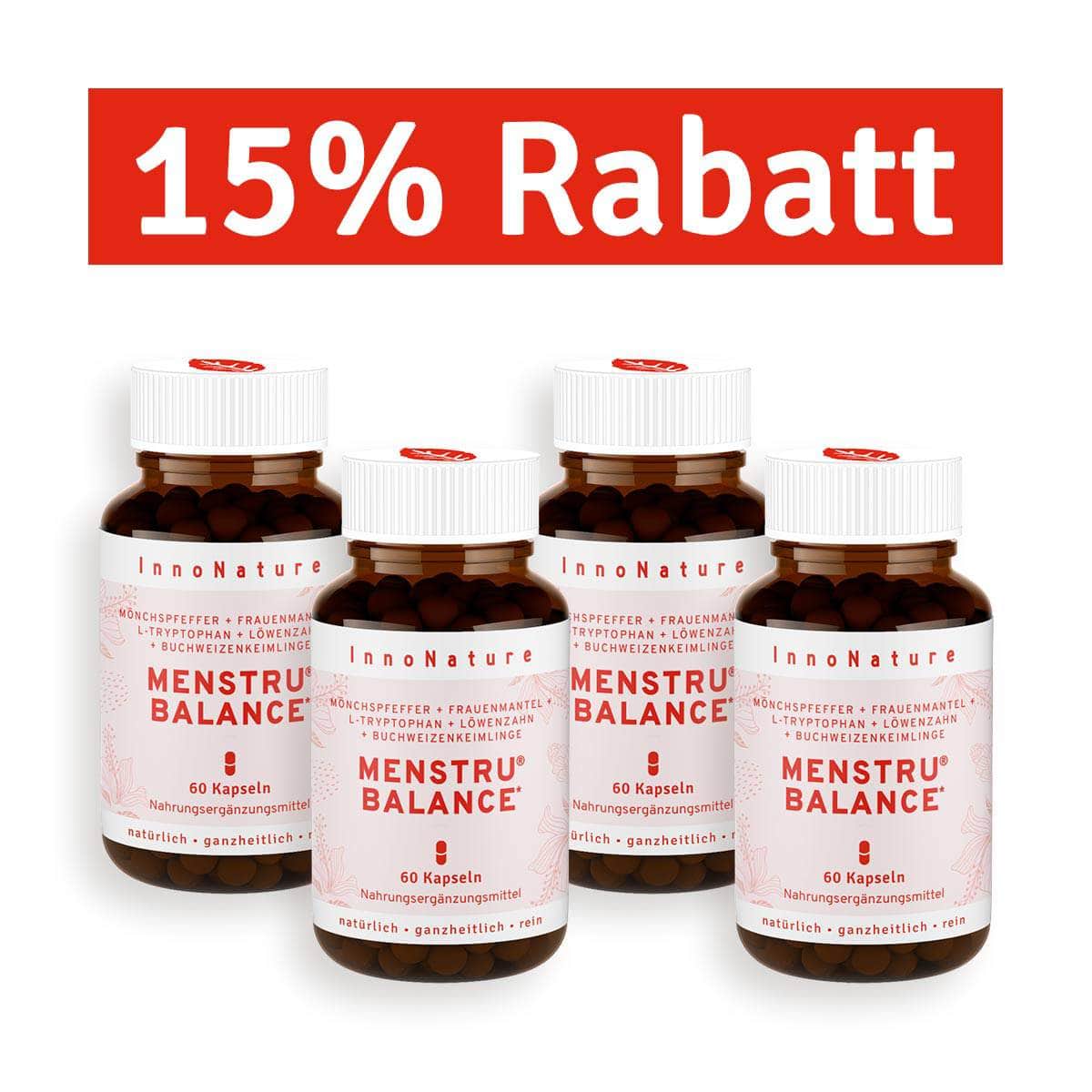 InnoNature Kapseln 4x 60 Kapseln Menstru® Balance Kapseln: Mönchspfeffer, Frauenmantel, L-Tryptophan, Löwenzahn und Vitamin B6