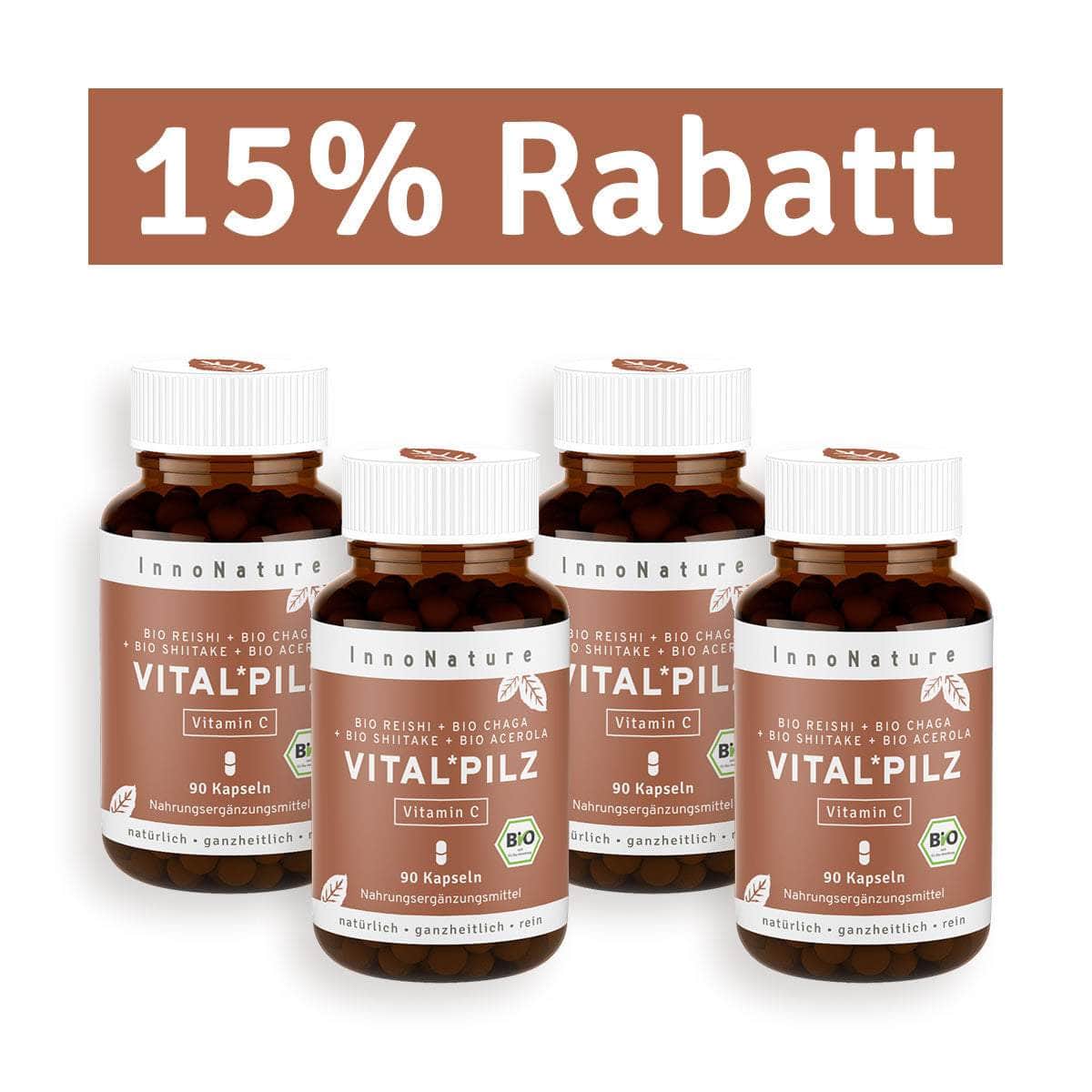 InnoNature Kapseln 4x Monatsvorrat (4x90 Kapseln) Bio Vital* Pilz Kapseln: Reishi, Chaga, Shiitake und Acerola