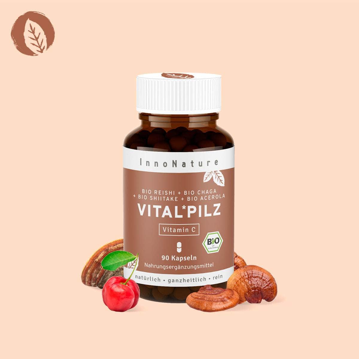 InnoNature Kapseln Bio Vital*Pilz Kapseln: Reishi, Chaga, Shiitake und Vitamin C aus Acerola