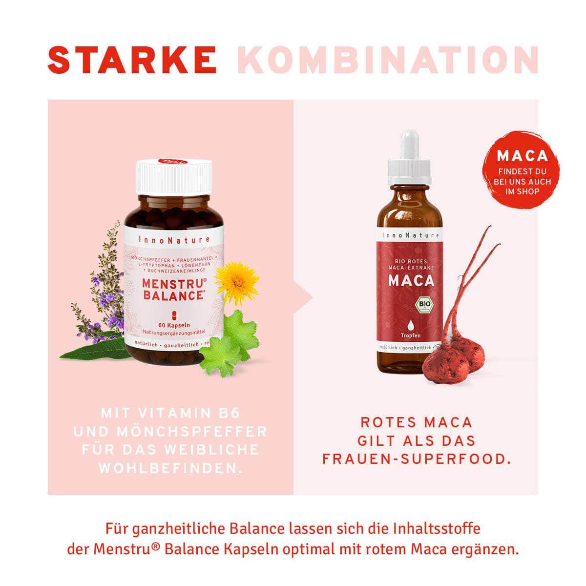 InnoNature Kapseln Menstru® Balance Kapseln: Mönchspfeffer, Frauenmantel, L-Tryptophan, Löwenzahn und Vitamin B6