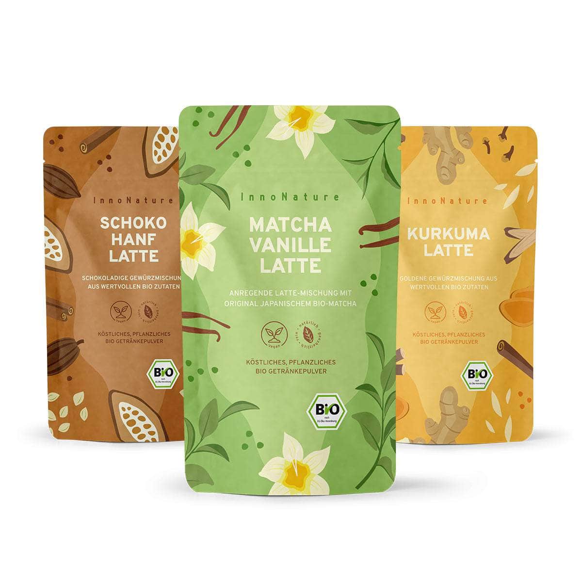 InnoNature Pakete 1x Bio Kurkuma Latte, 1x Bio Matcha Vanille Latte, 1x Bio Schoko Hanf Latte Latte-Love-Paket