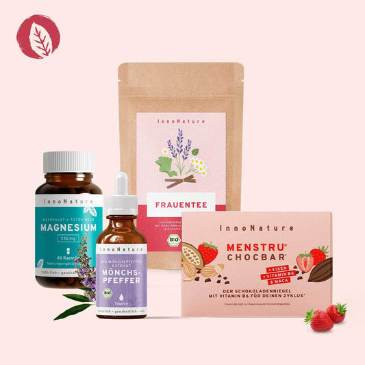 InnoNature Pakete 1x Menstru® Chocbar 6er Box; 1x Frauentee; 1x Magnesium; 1x Mönchspfeffer Zyklus-Wohlfühl-Paket