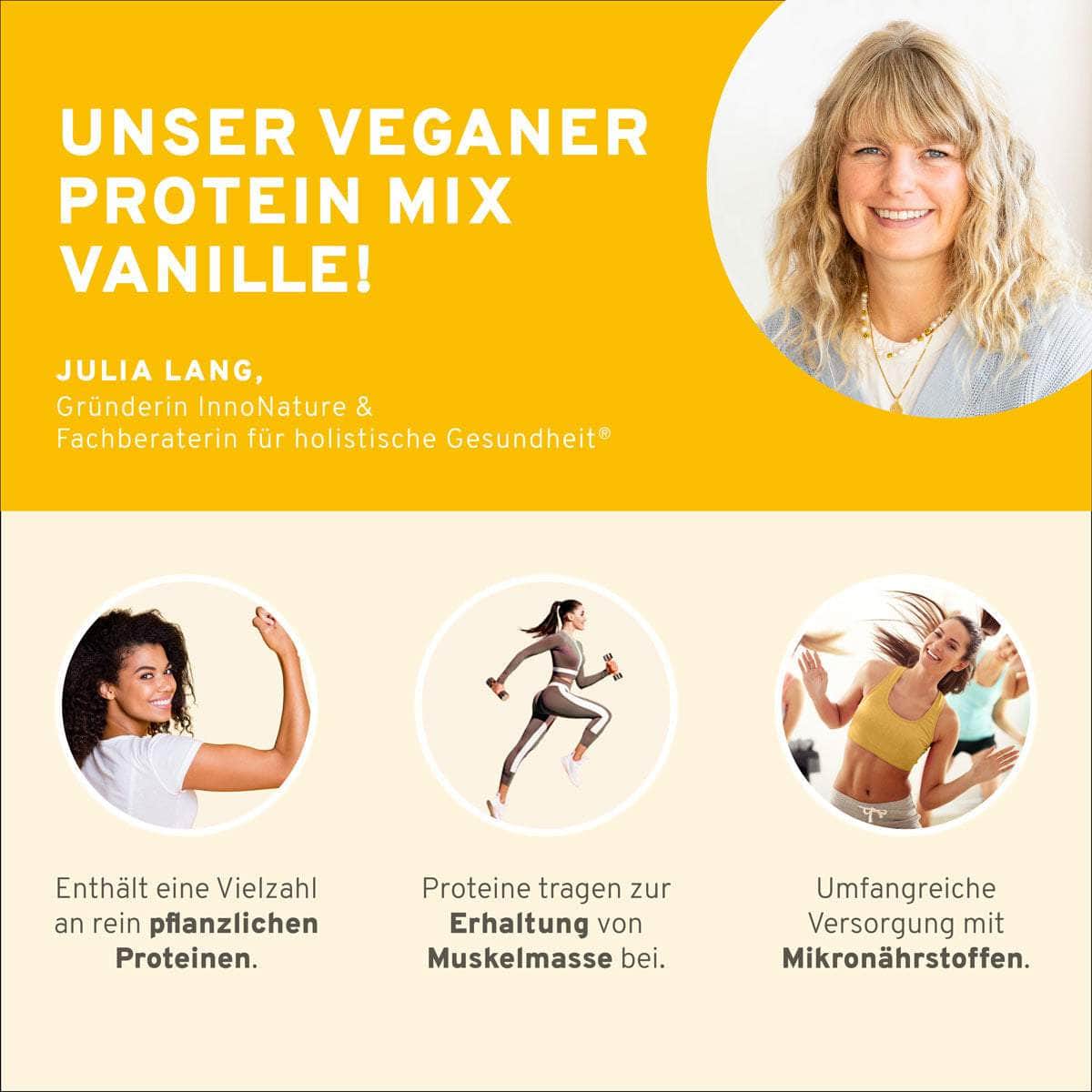 InnoNature Pakete 1x Veganer Protein Mix Erdbeere + Himbeere; 1x Veganer Protein Mix Vanille, 1x Happy Berry, 1x Tropical Beauty was.kai.sagt-Paket: Food Essentials