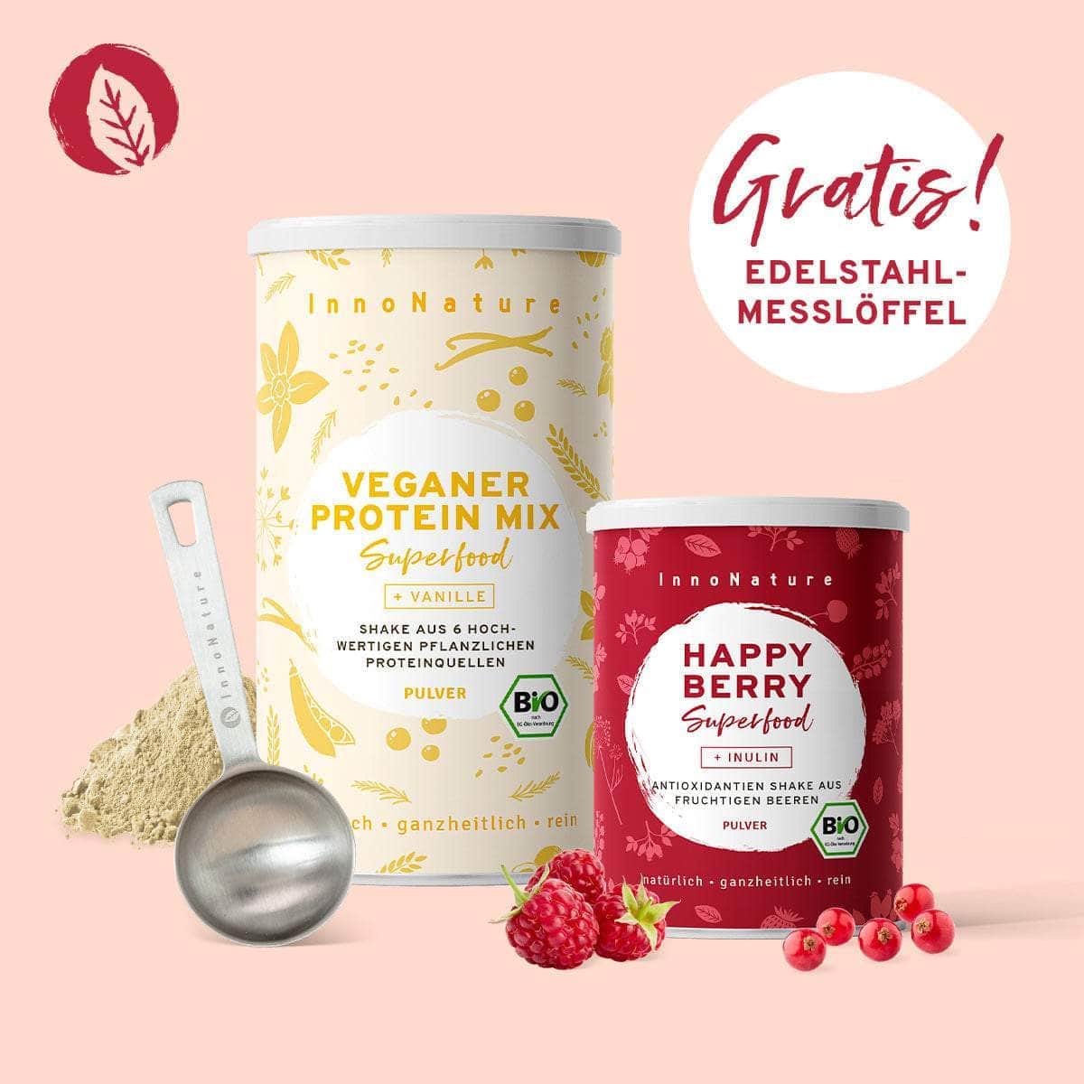 InnoNature Pakete 1x Veganer Protein Mix Vanille, 1x Happy Berry, 1x gratis Messlöffel Shake-Paket (Copy)