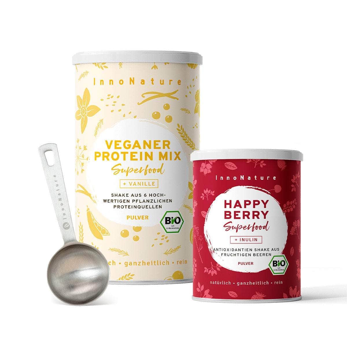 InnoNature Pakete 1x Veganer Protein Mix Vanille, 1x Happy Berry, 1x gratis Messlöffel Shake-Paket (Copy)