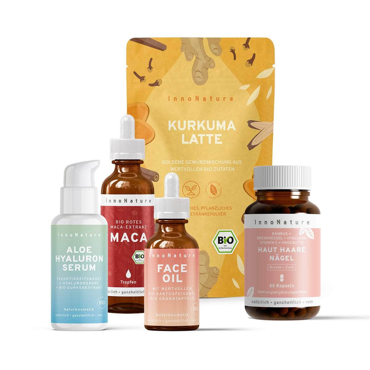 InnoNature Pakete 1x Vorrat (1x Aloe Hyaluron Serum, 1x Bio Face Oil, 1x Haut Haare Nägel, 1x Maca, 1x Kurkuma Latte) Perfekte-Routine Paket