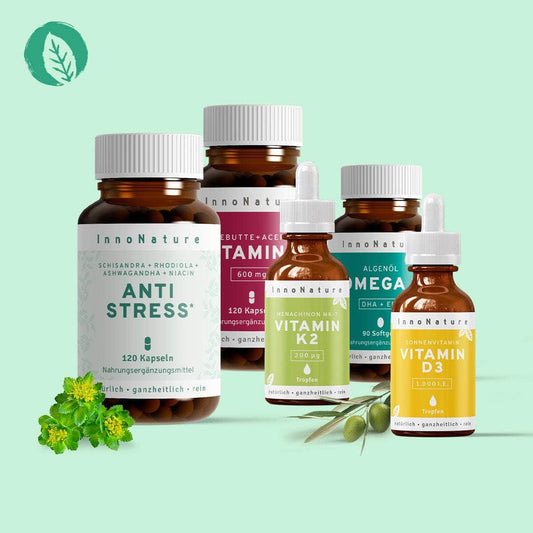 InnoNature Pakete 1x Vorrat (1x Anti Stress, 1x Omega 3, 1x Vitamin D3, 1x Vitamin K2, 1x Vitamin C) Anti-Stress-Paket