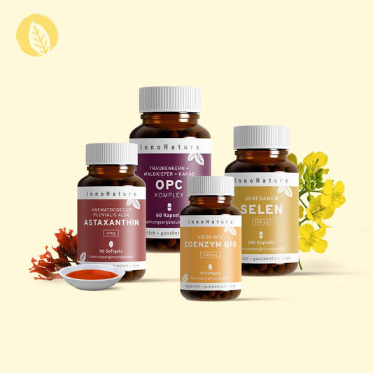 InnoNature Pakete 1x Vorrat (1x Coenzym Q10, 1x Astaxanthin, 1x Selen, 1x OPC) Slow Aging Paket