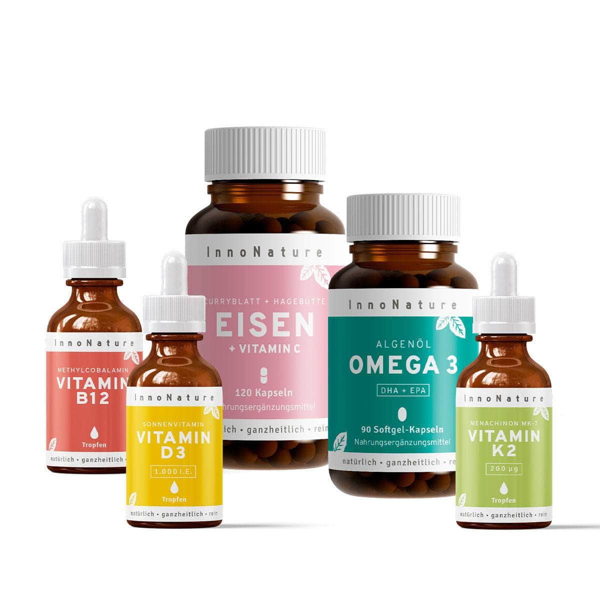 InnoNature Pakete 1x Vorrat (1x Eisen, 1x Omega3, 1x Vitamin B12, 1x Vitamin D3, 1x Vitamin K2). Vegan-Paket