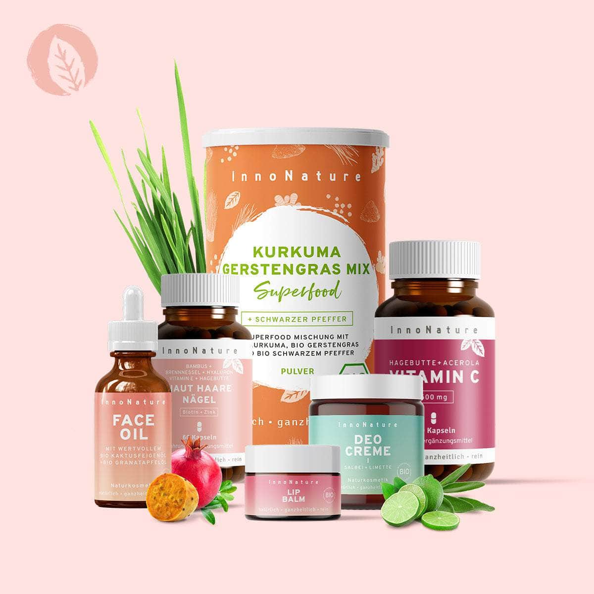 InnoNature Pakete 1x Vorrat (1x Haut Haare Nägel, 1x Vitamin C, 1x Kurkuma Gerstengras, 1X Face Oil, 1x Deocreme, 1x Lip Balm) Beauty Inside Out Paket