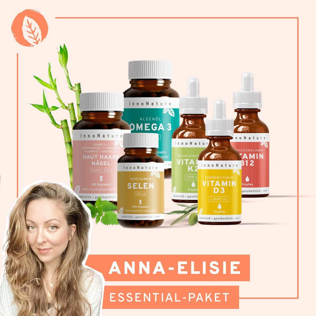 InnoNature Pakete 1x Vorrat (1x Haut-Haare-Nägel, 1x Zink, 1x Vitamin B12, 1x Vitamin D3, 1x Vitamin K2, 1x Vitamin C) anna.elisie-Essential-Paket