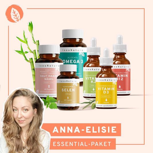 InnoNature Pakete 1x Vorrat (1x Haut-Haare-Nägel, 1x Zink, 1x Vitamin B12, 1x Vitamin D3, 1x Vitamin K2, 1x Vitamin C) anna.elisie-Essential-Paket