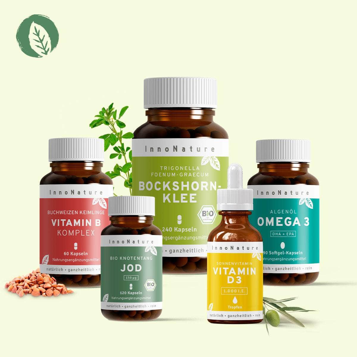 InnoNature Pakete 1x Vorrat (1x Omega 3 Kapseln, 1x Bockshornklee, 1x Vitamin B Komplex, 1x Vitamin D3, 1x Jod) Stillzeit-Paket