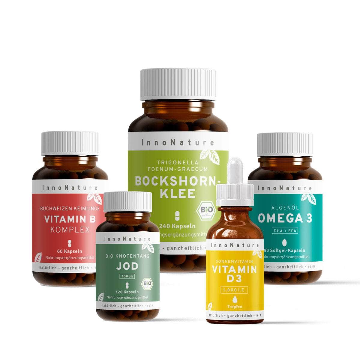InnoNature Pakete 1x Vorrat (1x Omega 3 Kapseln, 1x Bockshornklee, 1x Vitamin B Komplex, 1x Vitamin D3, 1x Jod) Stillzeit-Paket