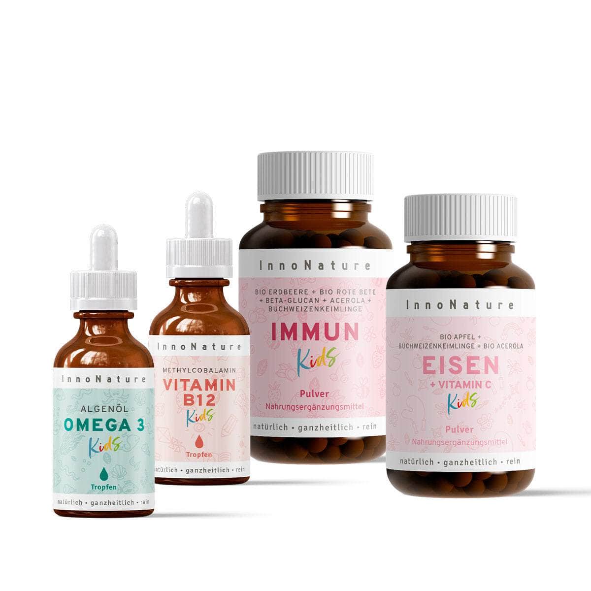 InnoNature Pakete 1x Vorrat (1x Omega 3 Kids, 1x Eisen Kids, 1x Immun Kids, 1x Vitamin B12 Kids) Lernstark-Kids-Paket