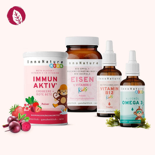 InnoNature Pakete 1x Vorrat (1x Omega 3 Kids, 1x Eisen Kids, 1x Immun Kids, 1x Vitamin B12 Kids) Lernstark-Kids-Paket