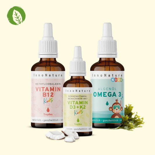 InnoNature Pakete 1x Vorrat (1x Omega 3 Kids Tropfen, 1x Vitamin B12 Kids Tropfen, 1x Vitamin D3 + K2 Kids Tropfen) Kids-Vegan-Starter-Paket