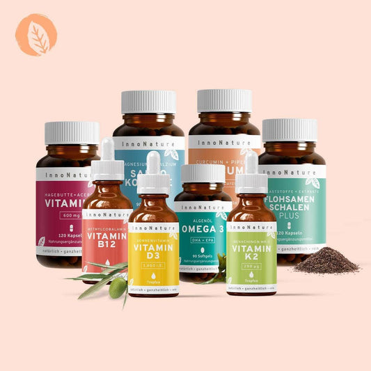 InnoNature Pakete 1x Vorrat (1x Omega3, 1x Vitamin D3, 1x Vitamin K2, 1x Vitamin B12, 1x Sango Koralle, 1x Vitamin C, 1x Flohsamenschalen Plus, 1x Curcuma). Komplett-Sorglos-Paket