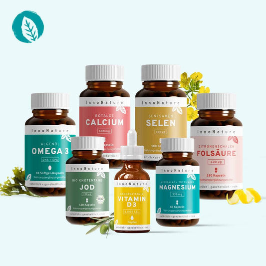 InnoNature Pakete 1x Vorrat (1x Selen 100 μg, 1x Jod, 1x Folsäure, 1x Omega 3 Kapseln, 1x Magnesium, 1x Calcium, 1x Vitamin D3) Schwangerschafts-Paket