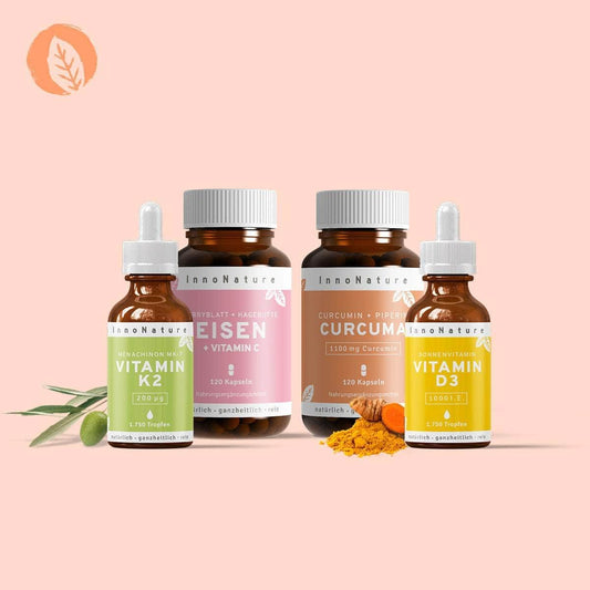 InnoNature Pakete 1x Vorrat (1x Vitamin D3, 1x Eisen, 1x Curcuma, 1x Vitamin K2). Kleines-Wohlfühl-Paket