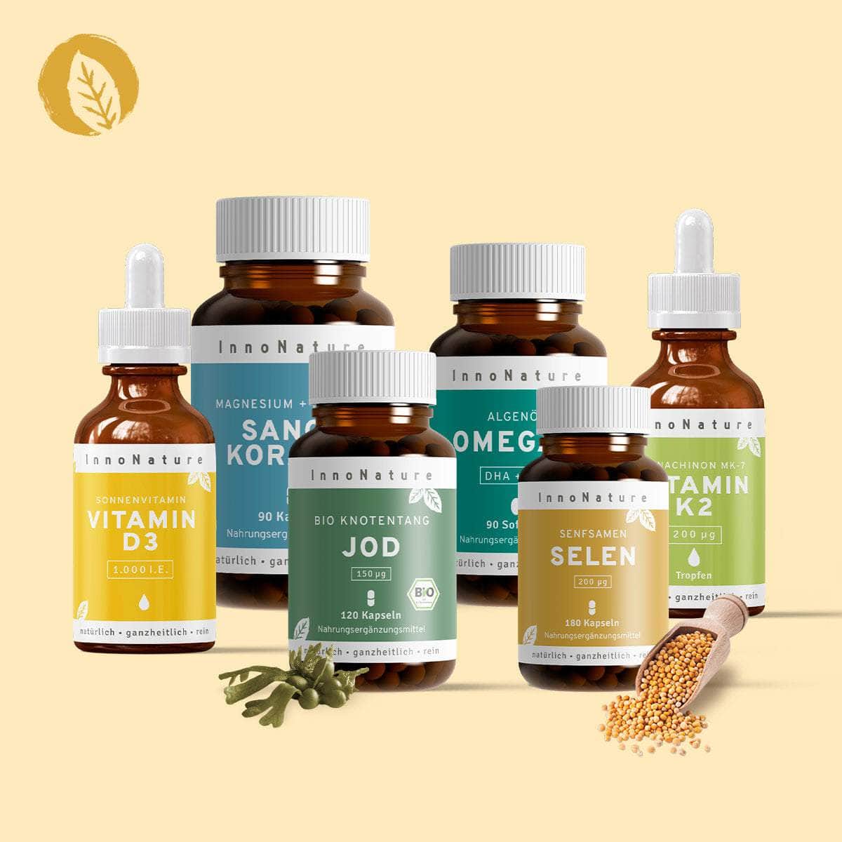 InnoNature Pakete 1x Vorrat (1x Vitamin D3, 1x Vitamin K2, 1x Jod, 1x Selen, 1x Omega 3, 1x Sango Koralle) Schilddrüsen-Paket