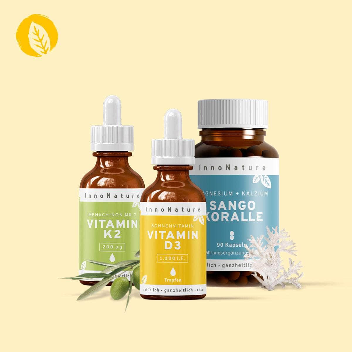 InnoNature Pakete 1x Vorrat (1x Vitamin D3, 1x Vitamin K2, 1x Sango Koralle). Sonnenvitamin-Paket
