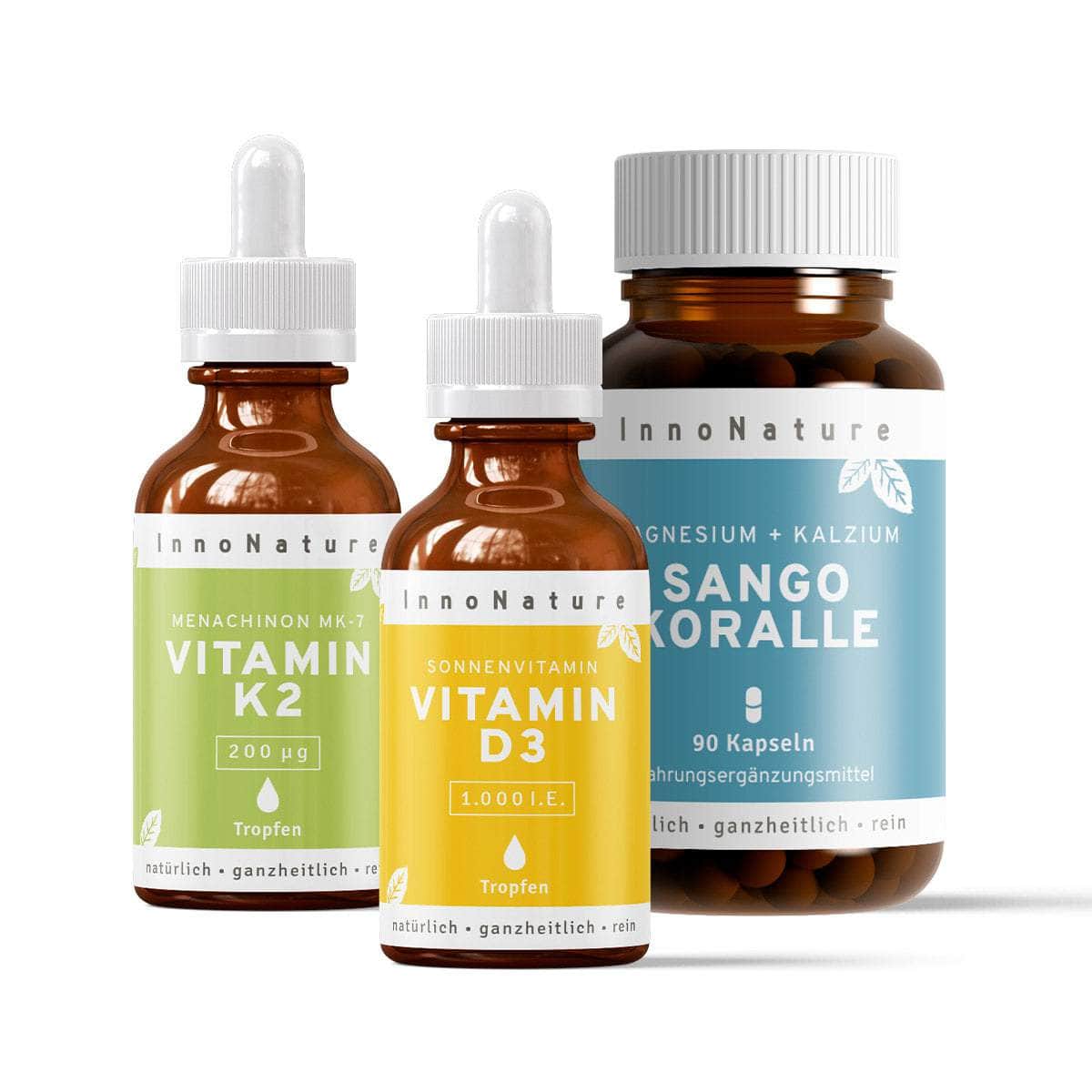 InnoNature Pakete 1x Vorrat (1x Vitamin D3, 1x Vitamin K2, 1x Sango Koralle). Sonnenvitamin-Paket