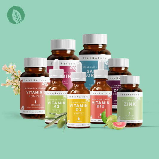 InnoNature Pakete 1x Vorrat (1x Vitamin D3, 1x Vitamin K2, 1x Vitamin B12, 1x Sango Koralle, 1x Vitamin C, 1x OPC, 1x Zink, 1x B Komplex). Großes Immunsystem und Anti-Müdigkeits-Paket
