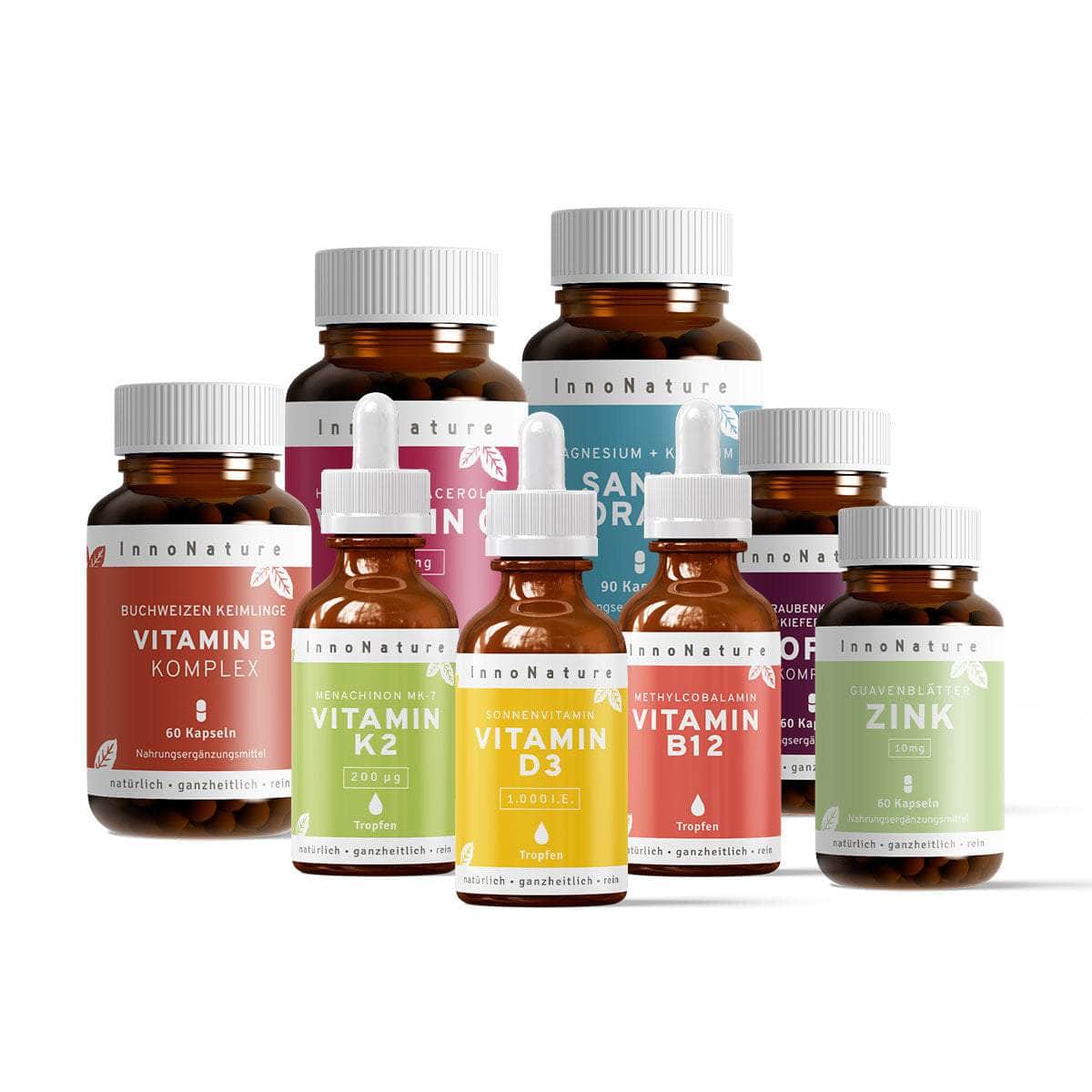 InnoNature Pakete 1x Vorrat (1x Vitamin D3, 1x Vitamin K2, 1x Vitamin B12, 1x Sango Koralle, 1x Vitamin C, 1x OPC, 1x Zink, 1x B Komplex). Großes Immunsystem und Anti-Müdigkeits-Paket