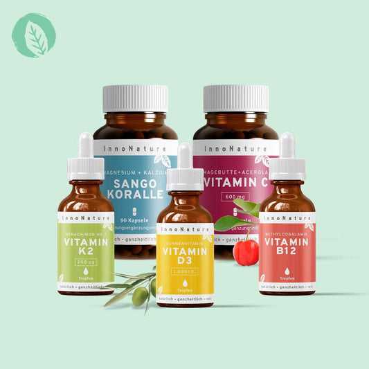 InnoNature Pakete 1x Vorrat (1x Vitamin D3, 1x Vitamin K2, 1x Vitamin B12, 1x Sango Koralle, 1x Vitamin C). Immunsystem und Anti-Müdigkeits-Paket