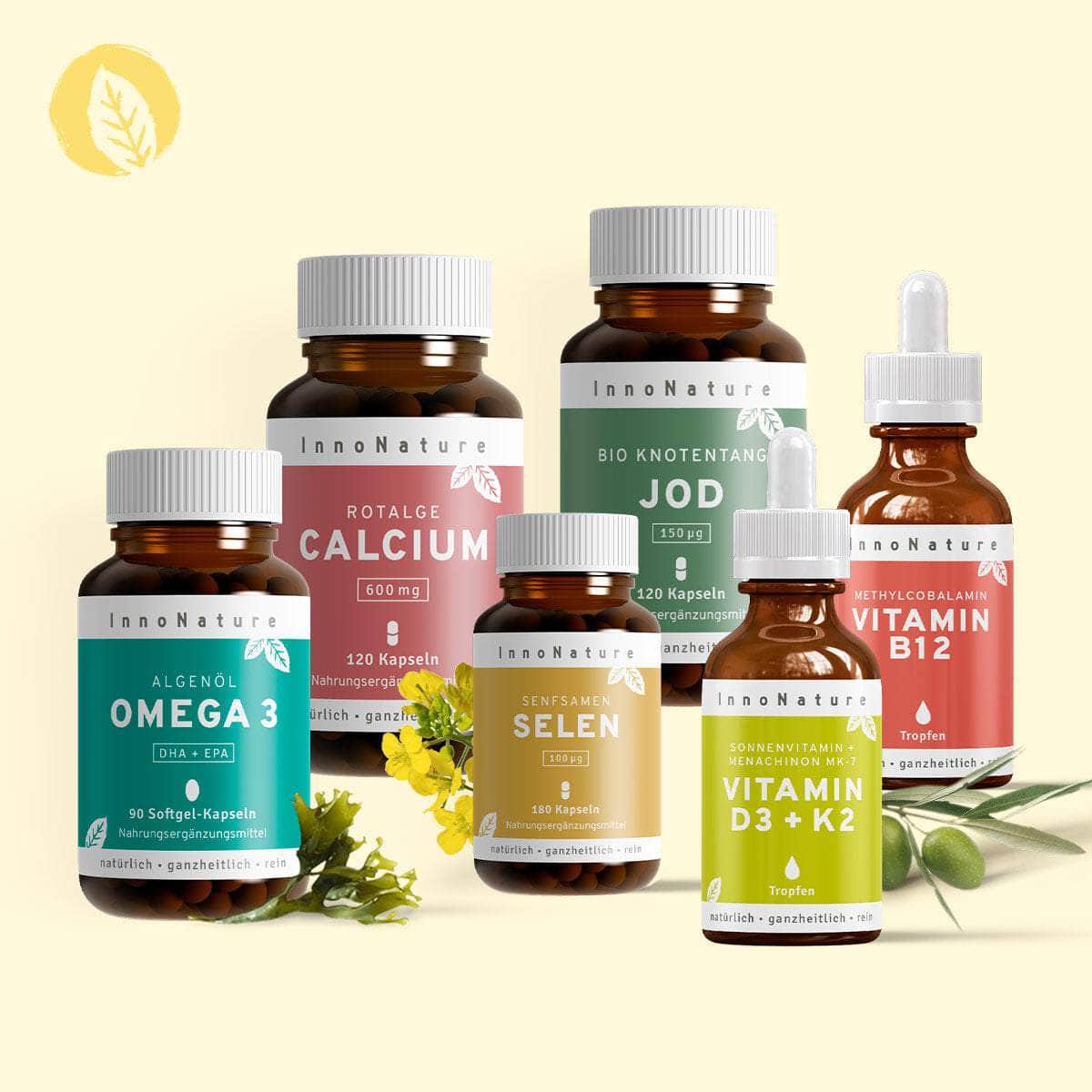 InnoNature Pakete 1x Vorrat (1x Vitamin D3+K2, 1x Omega 3 Kapseln, 1x Calcium, 1x Vitamin B 12, 1x Selen, 1x Jod) Vegan-Sorglos-Paket 2.0
