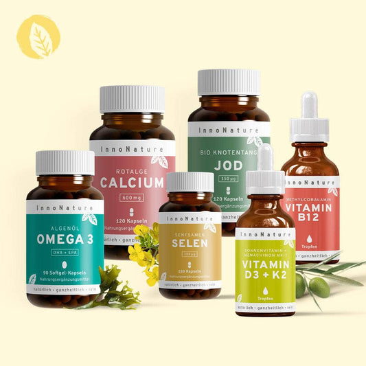 InnoNature Pakete 1x Vorrat (1x Vitamin D3+K2, 1x Omega 3 Kapseln, 1x Calcium, 1x Vitamin B 12, 1x Selen, 1x Jod) Vegan-Sorglos-Paket 2.0
