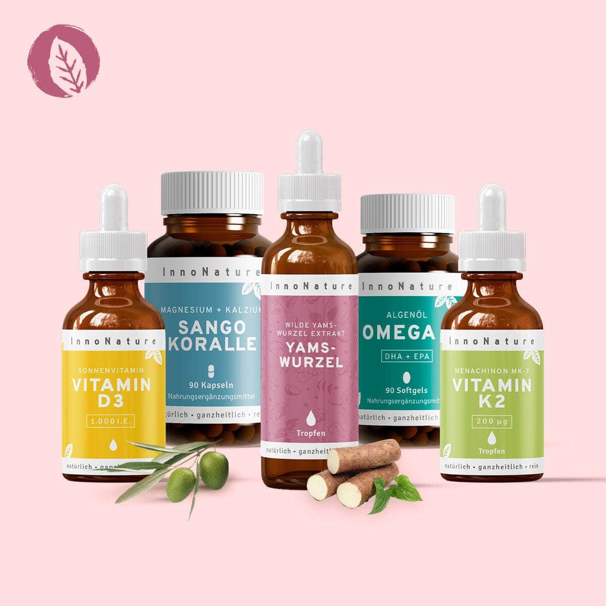 InnoNature Pakete 1x Vorrat (1x Yamswurzel, 1x Vitamin D3, 1x Vitamin K2, 1x Sango Koralle, 1x Omega 3) Menopause-Paket
