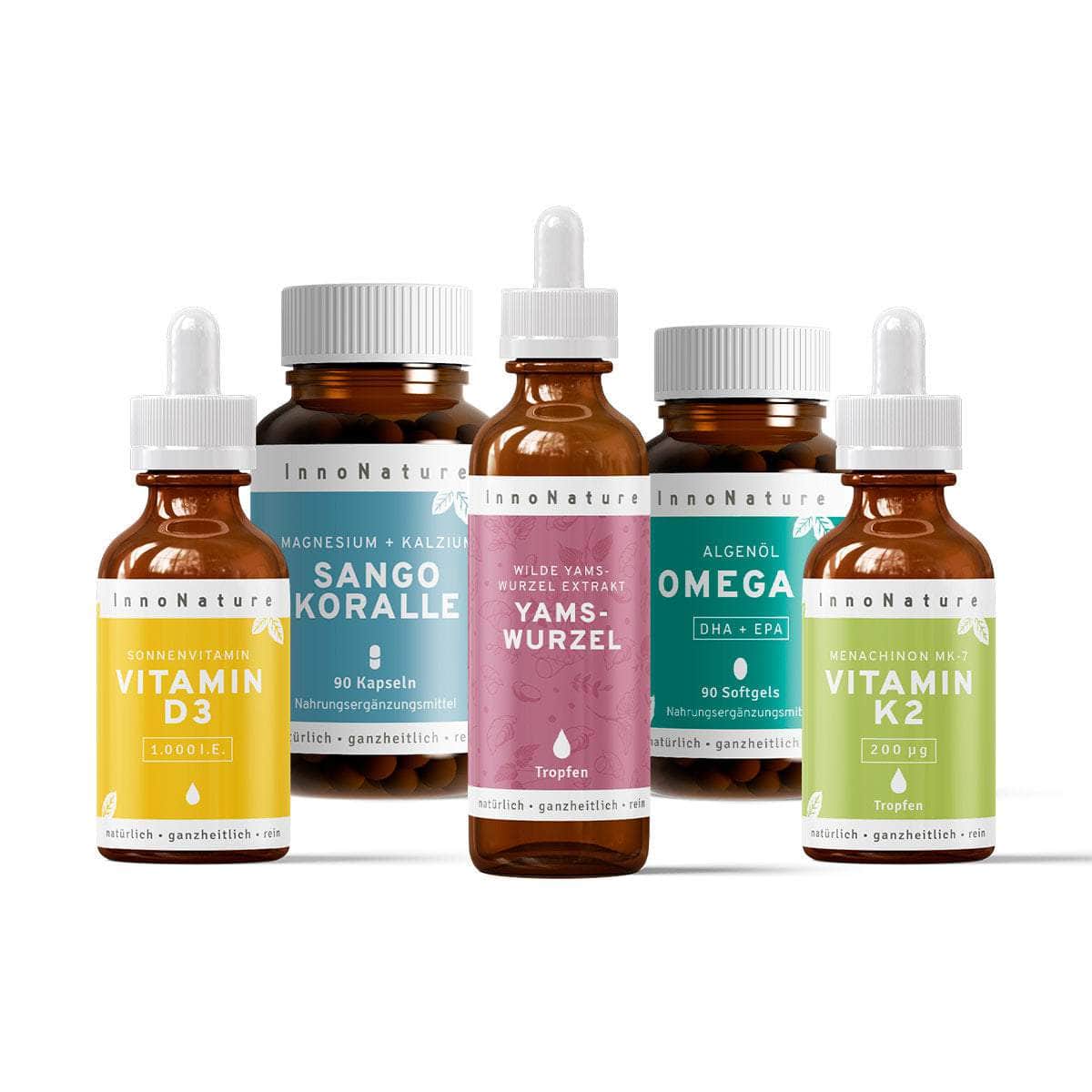 InnoNature Pakete 1x Vorrat (1x Yamswurzel, 1x Vitamin D3, 1x Vitamin K2, 1x Sango Koralle, 1x Omega 3) Menopause-Paket