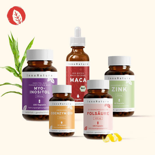 InnoNature Pakete 1x Vorrat (1x Zink, 1x Maca, 1x Folsäure, 1x Myo Inositol, 1x Coenzym Q10) Kinderwunsch-Paket