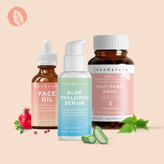 InnoNature Pakete 1x Vorteil (1x Face Oil, 1x Aloe Hyaluron Serum, 1x Haut Haare Nägel Kapseln) Anti Aging Face Care Paket