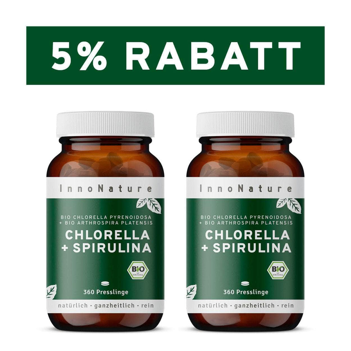 InnoNature Presslinge 2x Monatsvorrat (2x360 Presslinge) Bio Chlorella + Spirulina Presslinge
