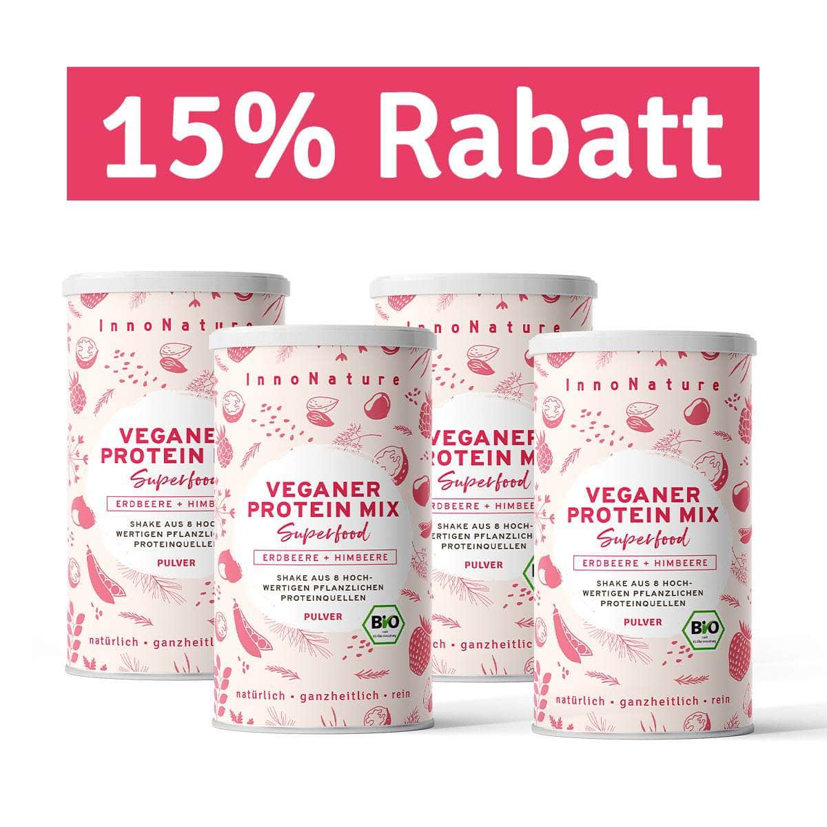 InnoNature Pulver 132 Portionen (4x 500g) Bio Veganer Protein Mix Erdbeere + Himbeere