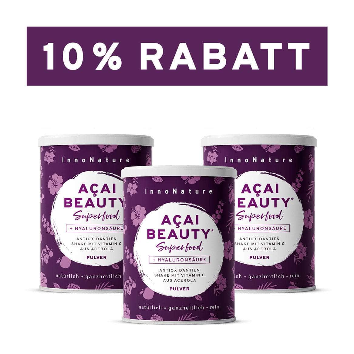 InnoNature Pulver 3x 150g Pulver Açaí Beauty: Antioxidantienshake mit Hyaluronsäure
