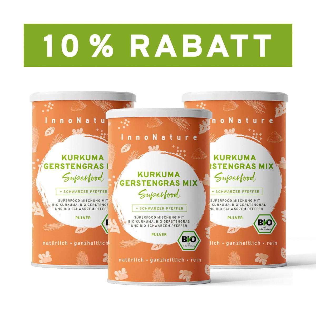 InnoNature Pulver 3x 450g (90 Portionen) Bio Kurkuma Gerstengras Mix Superfood