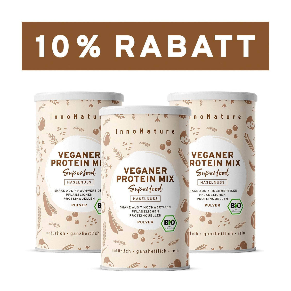 InnoNature Pulver 3x 450g (90 Portionen) Bio Veganer Protein Mix Haselnuss