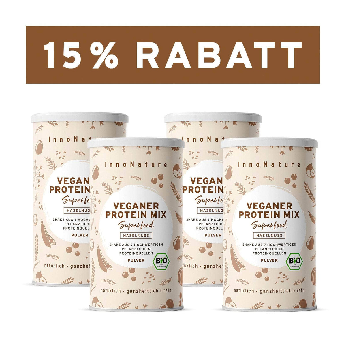 InnoNature Pulver 4x 450g (120 Portionen) Bio Veganer Protein Mix Haselnuss