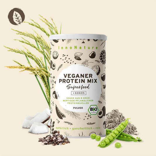 InnoNature Pulver Bio Veganer Protein Mix Superfood Shake: Erbse, Reis, Kürbis, Mandel, Chiasamen